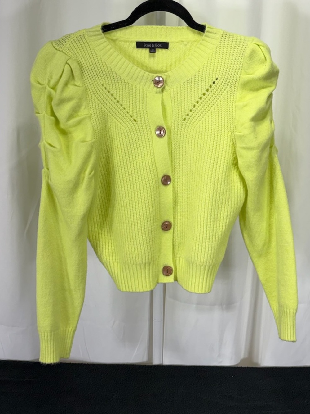 Strut & Bolt Neon Yellow Puff-Sleeve Knit Cardigan with Statement Buttons 2236